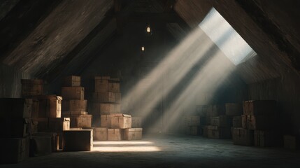 Sunlight Streaming Through Window in Dusty Attic Filled with Wooden Boxes