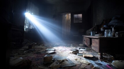 Sunlight Streaming Through Dusty Window in Abandoned Room with Disordered Debris