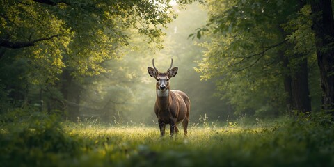 White-tailed buck standing amidst trees in a natural setting, highlighting animal behavior study