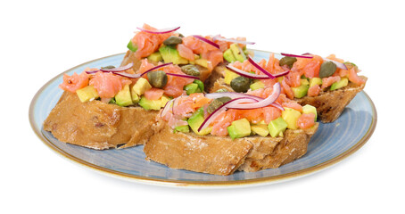 Delicious bruschettas with salmon, avocado, capers and onion isolated on white