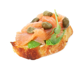 Tasty bruschetta with salmon, avocado, capers and microgreen isolated on white