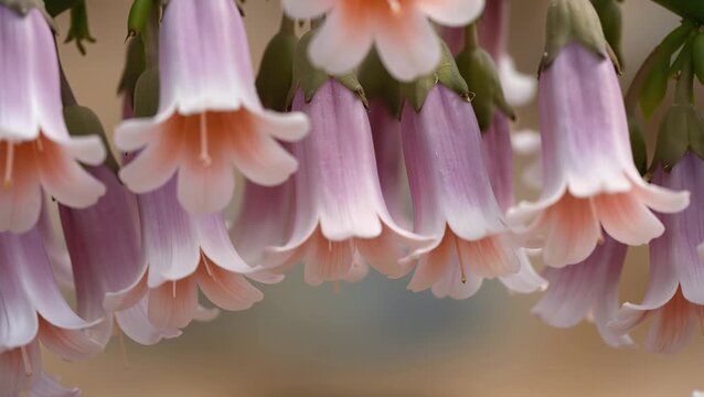Delicate pink bell shaped flowers bloom gracefully curved green stem soft blurred nature background creating elegant natural