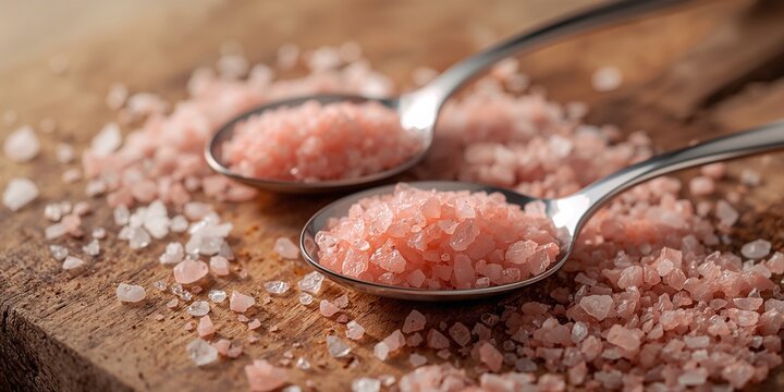 Pink Himalayan salt on metal spoons with granulated salt spread across a wooden board, culinary seasoning setup, World Salt Day - Powered by Adobe