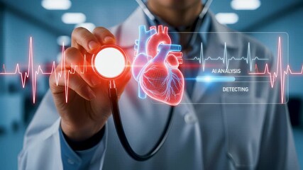 Male doctor hand with stethoscope analyzing virtual heart hologram with artificial intelligence technology, digital healthcare cardiology diagnosis concept and medical data analysis interface. - Powered by Adobe