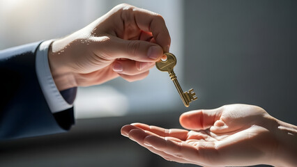 Handing Over a Golden Key: An intimate moment as a golden key is passed from one hand to another, symbolizing new beginnings and unlocking opportunities. The key glints.