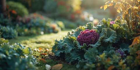 Obraz premium Close-up of ornamental Kale and Cabbage foliage used as a landscape feature, focusing on texture and color in garden beds