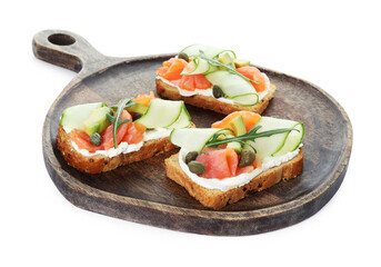 Tasty bruschettas with salmon, arugula, avocado and cream cheese isolated on white