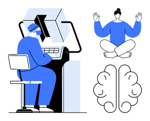 Artificial intelligence, meditation, neuroscience, stress management, scientific research, personal growth. A scientist operates equipment, a person meditates and a brain is . Artificial