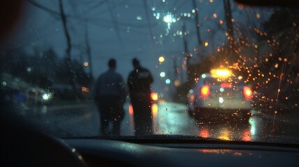 Two Police Officers Walking In The Rain Near Stopped Taxi Under Streetlights