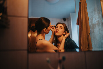 Two friends share a quiet moment as one applies makeup to the other's face, reflected in a softly lit bathroom mirror. Warm tones and intimate preparation create a candid, everyday scene.
