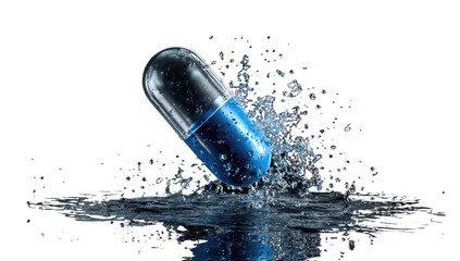Blue capsule dissolving in water, creating splash and ripples
