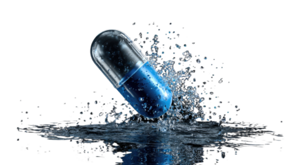 Blue capsule dissolving in water, creating splash and ripples
