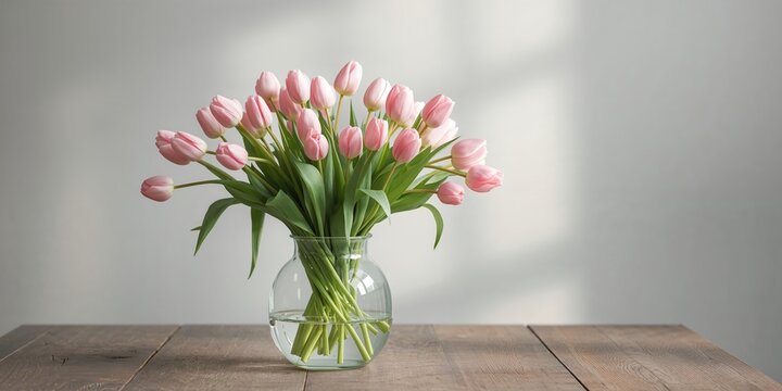 Flower arrangement featuring pink tulips in a glass vase on a neutral background, used for festive occasions and floral gifts, Women's Day, Easter, birthday - Powered by Adobe