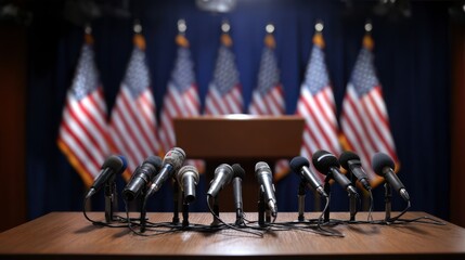Various Microphones Arranged on a Wooden Podium with American Flags in Background