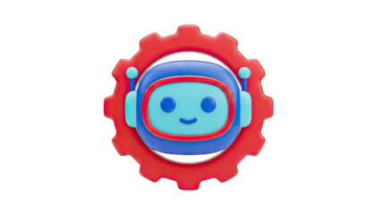 Cute Blue Robot Face With Big Eyes Smiling Inside A Red Gear Cogwheel On A Transparent Background