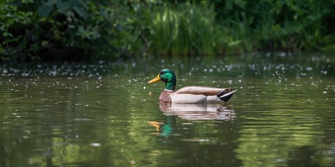 Obraz premium Duck swimming in water viewed from above, water surface textures for background use