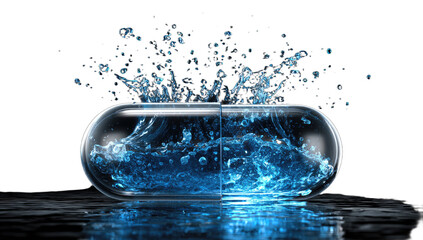 A transparent capsule bursts with blue liquid and splashes upward against black