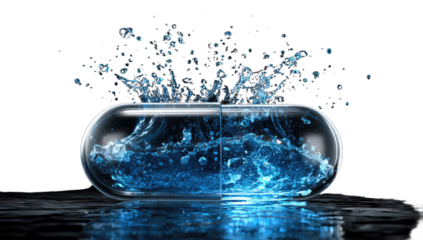 A transparent capsule bursts with blue liquid and splashes upward against black