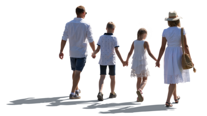 Family with two children wearing white summer clothes walking hand in hand in backlight, isolated on white and transparent background