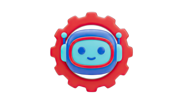 Cute Blue Robot Face With Big Eyes Smiling Inside A Red Gear Cogwheel On A Transparent Background - Powered by Adobe
