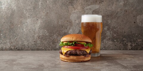 Classic burger with a cutlet and a glass of cold beer on a stone surface, highlighting fast food consumption, World Food Day