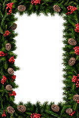A beautiful, full-page Christmas frame made of pine cones, fir branches, and red berries on a white background.