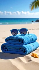 Blue beach towels, sunglasses, & starfish on sand