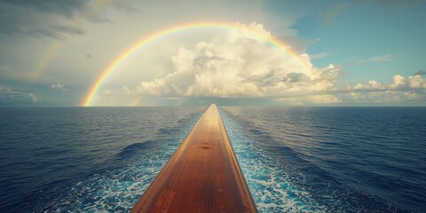 Passenger perspective on a cruise vessel with a colorful double rainbow in the sky, highlighting scenic travel moments