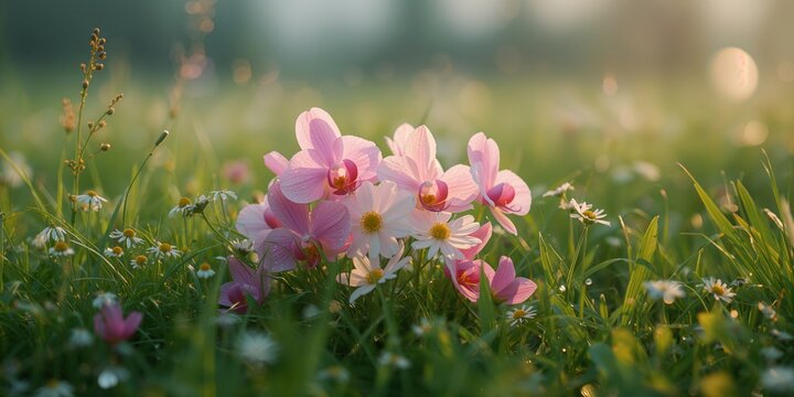 Colorful flowers nestled in green grass for a botanical background, World Nature Conservation Day - Powered by Adobe