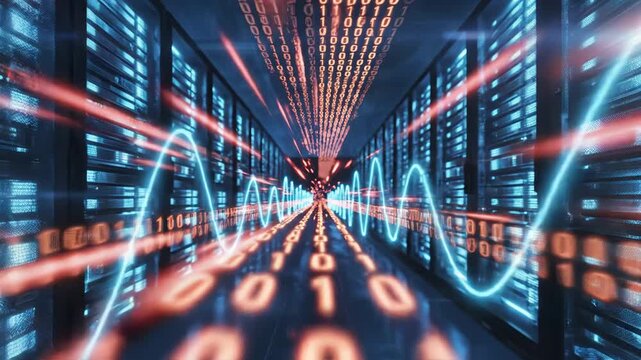 Digital data stream flowing through a futuristic server room with glowing binary code and abstract wave visualization