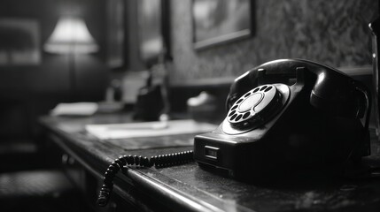 Vintage Black Rotary Phone on Dark Wood Desk in Dimly Lit Room
