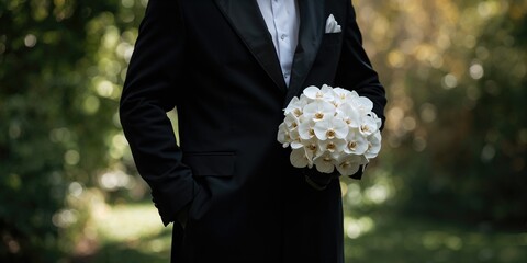 Formal man with a bouquet of white phalaenopsis orchids, highlighting floral accessory for ceremonies