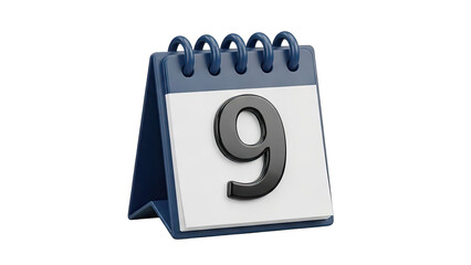 Desktop Calendar Showing the Number 9 on a White Page with a Blue Binding on a Transparent Background with Soft Lighting