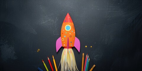 Paper rocket cutout painted over blackboard background, suitable for educational back to school themes