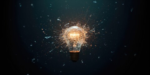Light bulb design with shattered glass fragments against dark backdrop breakthrough ideas, conceptual art piece