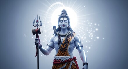Obraz premium Standing Lord Shiva Idol. Radiant Blue Aura Divine 4K Wallpaper.