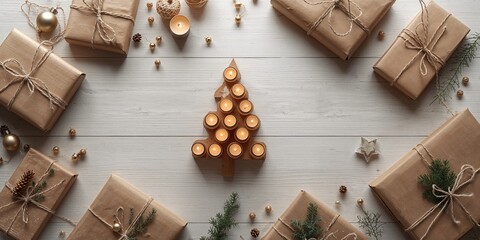 Flat Scandinavian style Christmas gift wrapping focused on minimalistic and environmentally conscious packaging methods