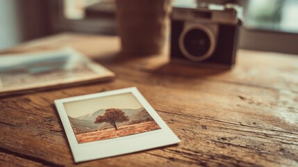 Vintage Photograph of a Solitary Tree on an Old Wooden Table with an Instant Camera in Soft Natural Light