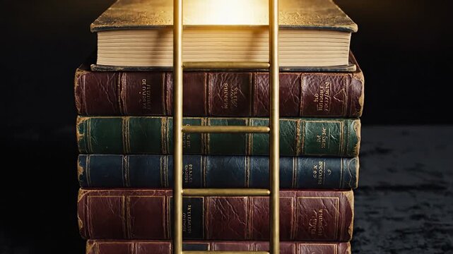 A stack of antique hard-cover books bound with slender wooden rods on a dark surface with dim light!