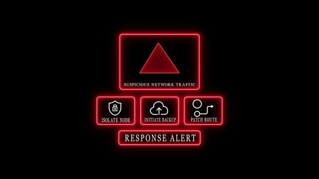 Cybersecurity alert suspicious network traffic with response options. Glowing neon animation 4k video....