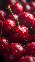 Glossy, wet red cherries are packed tightly. Dark background and vibrant colors. Droplets on skins