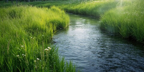 A tranquil river surface illuminated by sunlight, suitable for background or layout design, Earth Day