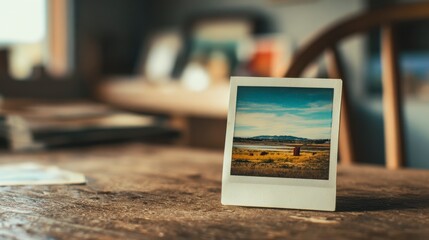 Vintage Polaroid Photo of Scenic Countryside Landscape on Wooden Table