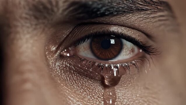 Detailed macro view of a crying human eye with a falling tear drop