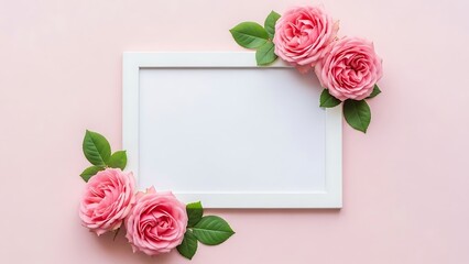 Pink roses and white frame on pink background flowers