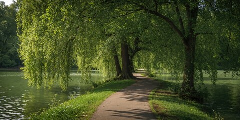Naklejka premium Grenadier Pond at High Park in Toronto, featuring a tree-lined pathway for recreational walking, Earth Day