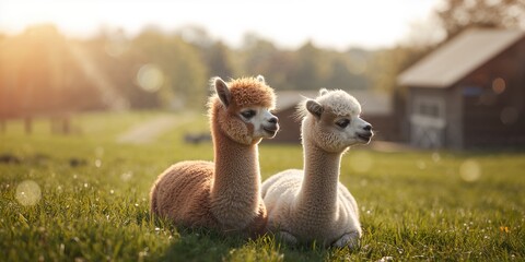 Obraz premium Two alpacas lying in the sun, highlighting animal comfort and peaceful environment
