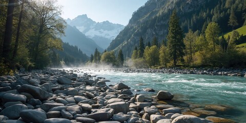 Alpine river bed with stones amid lush forest and mountain scenery, ideal for outdoor activities and nature exploration