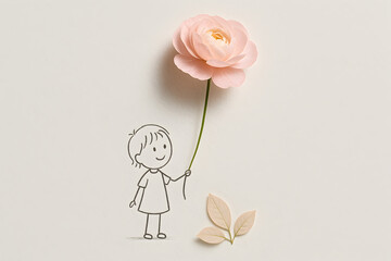 A simple line drawing of a child with short hair and a smile holding a large pink flower with green stem and leaves on a plain beige background