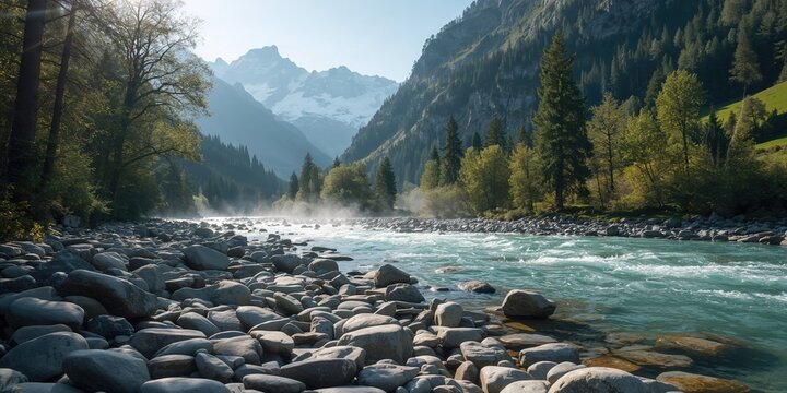 Alpine river bed with stones amid lush forest and mountain scenery, ideal for outdoor activities and nature exploration - Powered by Adobe